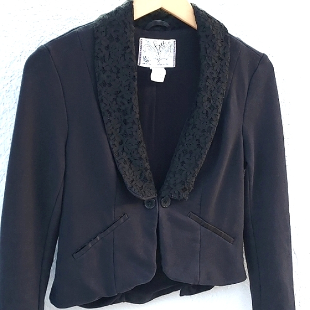 Free People Black Tuxedo Lace Lapel Cropped Blazer